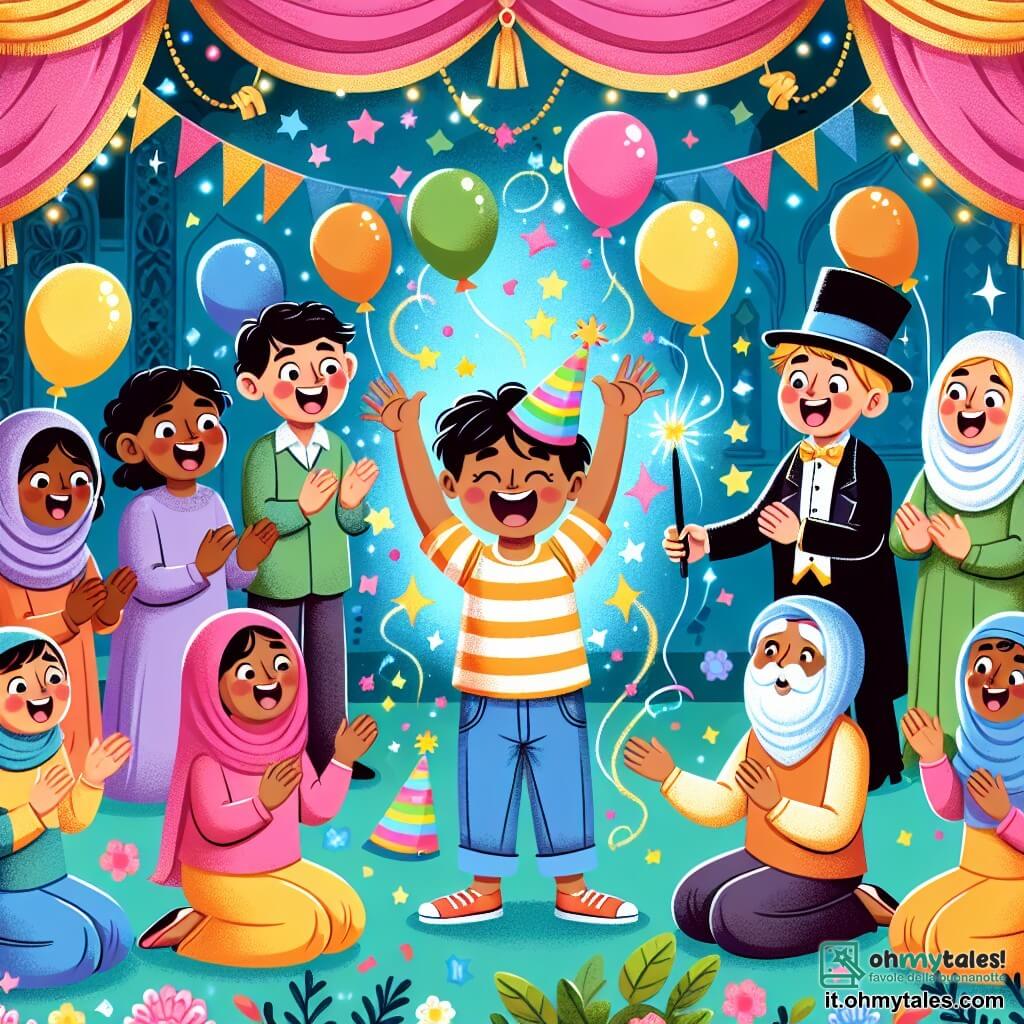Une illustration destinée aux enfants représentant un garçon rayonnant de bonheur le jour de son anniversaire, entouré de ses amis et d'un magicien, dans un jardin enchanté rempli de ballons colorés et de confettis scintillants.