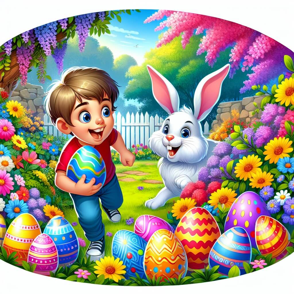 Une illustration destinée aux enfants représentant un jeune garçon plein de vie et d'énergie, à la recherche d'œufs de Pâques colorés, accompagné d'un mystérieux lapin blanc, dans un magnifique jardin fleuri aux couleurs vives.