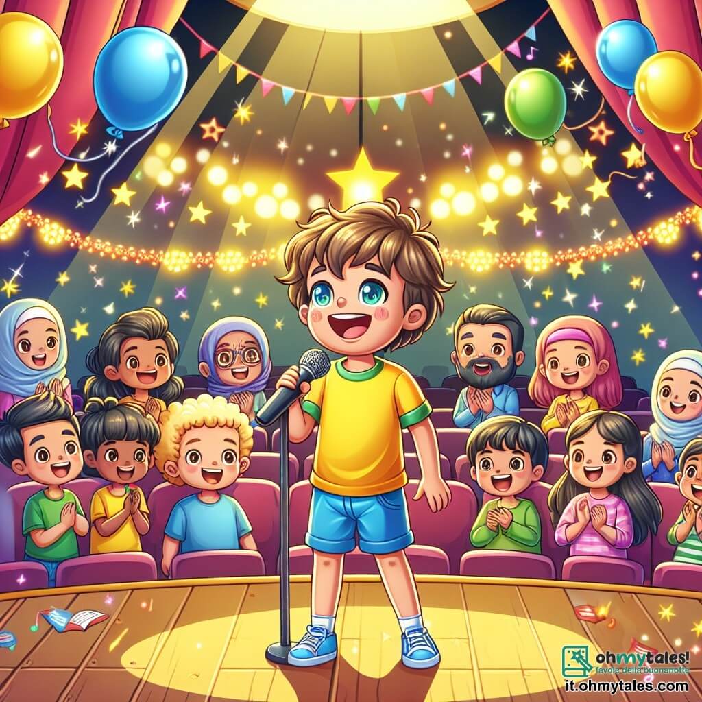 Illustrazione che rappresenta una scena vibrante in un teatro scolastico decorato con palloncini colorati e festoni scintillanti. La scena è illuminata da luci brillanti, creando un'atmosfera gioiosa ed emozionante. Al centro, un ragazzo di 5 anni, con capelli castani arruffati e occhi scintillanti, si trova davanti al palco. Indossa una maglietta gialla vivace e un pantaloncino blu, e canta con passione, un grande sorriso sul volto, mostrando la sua nuova fiducia in sé. Intorno a lui, diversi bambini della sua età, ragazzi e ragazze, sono seduti su panchine, con gli occhi fissi su di lui con ammirazione. Alcuni applaudono, altri sorridono ampiamente, i loro volti illuminati dall'entusiasmo. Sullo sfondo, genitori, un uomo e una donna, osservano con orgoglio, i loro volti raggianti di felicità. La scena principale mostra il ragazzo che canta sul palco, circondato da un'atmosfera di sostegno e incoraggiamento, illustrando il tema della fiducia in sé. Stelle scintillanti e note musicali fluttuano intorno a lui, aggiungendo un tocco magico all'illustrazione.