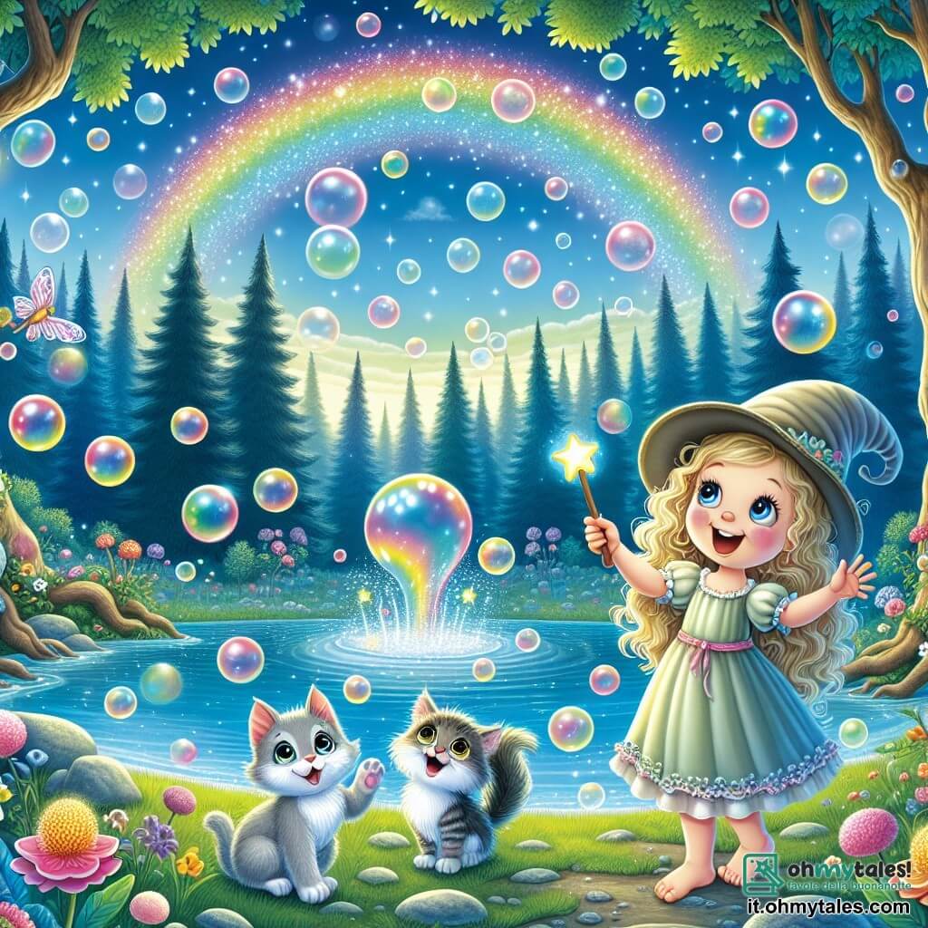 Illustrazione che rappresenta un lago magico circondato da grandi alberi dai tronchi contorti e fiori colorati che cantano. Il cielo è di un blu splendente, punteggiato da nuvole a forma di caramelle, e bolle di sapone multicolori fluttuano nell'aria, creando un arcobaleno scintillante sopra il lago. In primo piano, una bambina di 3 anni, con lunghi capelli ricci dorati e un grande sorriso, indossa un cappello a punta inclinato sulla testa. Tiene in mano una piccola bacchetta di legno, gli occhi brillanti di eccitazione, mentre guarda con meraviglia il lago. Accanto a lei, un piccolo gatto dai peli morbidi e grigi, con grandi occhi curiosi, sta in piedi sulle zampe posteriori, sembrando pronto a saltare. Un piccolo folletto con ali traslucide e colorate, dal viso birichino, vola intorno a loro, ridendo e agitando le braccia. La scena mostra la bambina e i suoi amici mentre scoprono il lago delle bolle di sapone, dove un pesce ridanciano emerge dall'acqua, pronto a condividere l'arcobaleno magico. Risate e bolle fluttuanti riempiono l'aria, creando un'atmosfera gioiosa e fiabesca.