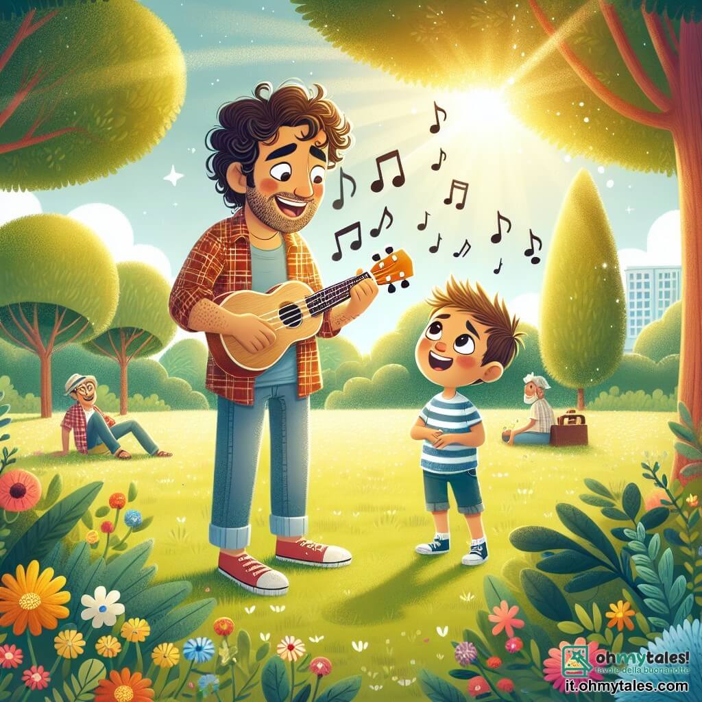 Une illustration sous forme de dessin destinée aux enfants représentant un parc ensoleillé avec des arbres verdoyants et des fleurs colorées, où un homme aux cheveux bruns et bouclés, vêtu d'une chemise à carreaux et d'un jean, joue de l'ukulele avec un sourire chaleureux, tandis qu'un jeune garçon aux cheveux blonds et courts, portant un t-shirt rayé, l'écoute attentivement, tous deux entourés de notes de musique flottantes et de passants curieux, capturant l'instant magique où ils partagent leur passion pour la musique et l'amitié.