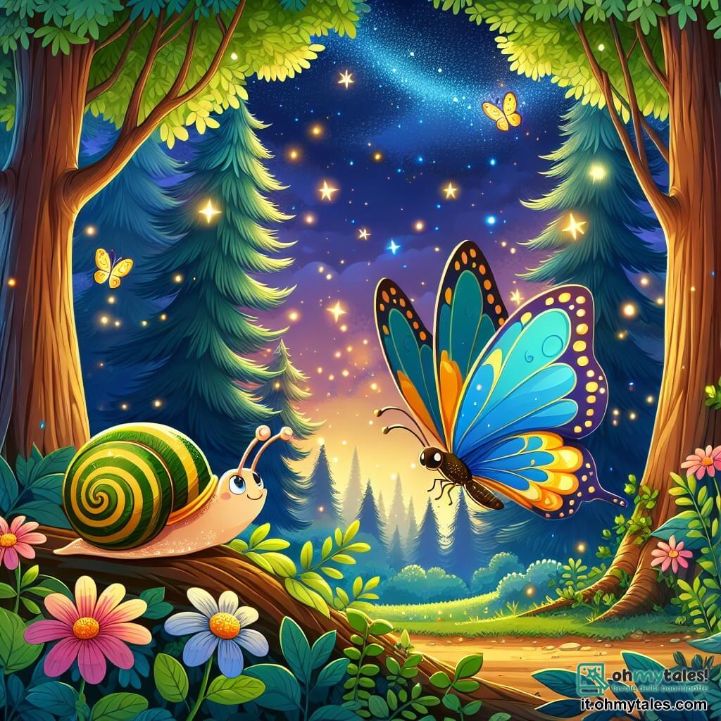 Illustrazione che rappresenta una foresta magica, dove gli alberi maestosi si ergono verso il cielo, le cui foglie scintillano come stelle. Al centro, una piccola lumaca con una conchiglia a strisce gialle e verdi, che si muove lentamente su un tronco d'albero, con gli occhi pieni di curiosità. Accanto a lei, una farfalla colorata con ali blu vivace e macchie dorate, che svolazza allegramente attorno a lei. Insieme esplorano un mondo incantevole, circondati da fiori cantanti e lucciole scintillanti nell'aria della sera. La scena trasmette un'atmosfera di magia e amicizia, con colori vivaci e dettagli incantevoli, illustrando il momento in cui scoprono la bellezza della foresta.