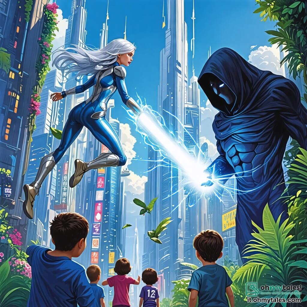 Une illustration sous forme de dessin destinée aux enfants représentant une ville futuriste aux grattaciels scintillants et aux jardins suspendus, avec une femme aux cheveux argentés et aux yeux brillants, vêtue d'un costume bleu cobalto et argenté, qui s'élève dans les airs en lançant un puissant rayon de lumière pour repousser une silhouette sombre et menaçante, un homme au visage caché par un capuchon noir, qui manipule des ombres autour de lui, tandis que des enfants et des adultes, aux visages inquiets mais admiratifs, regardent la scène avec espoir et émerveillement.
