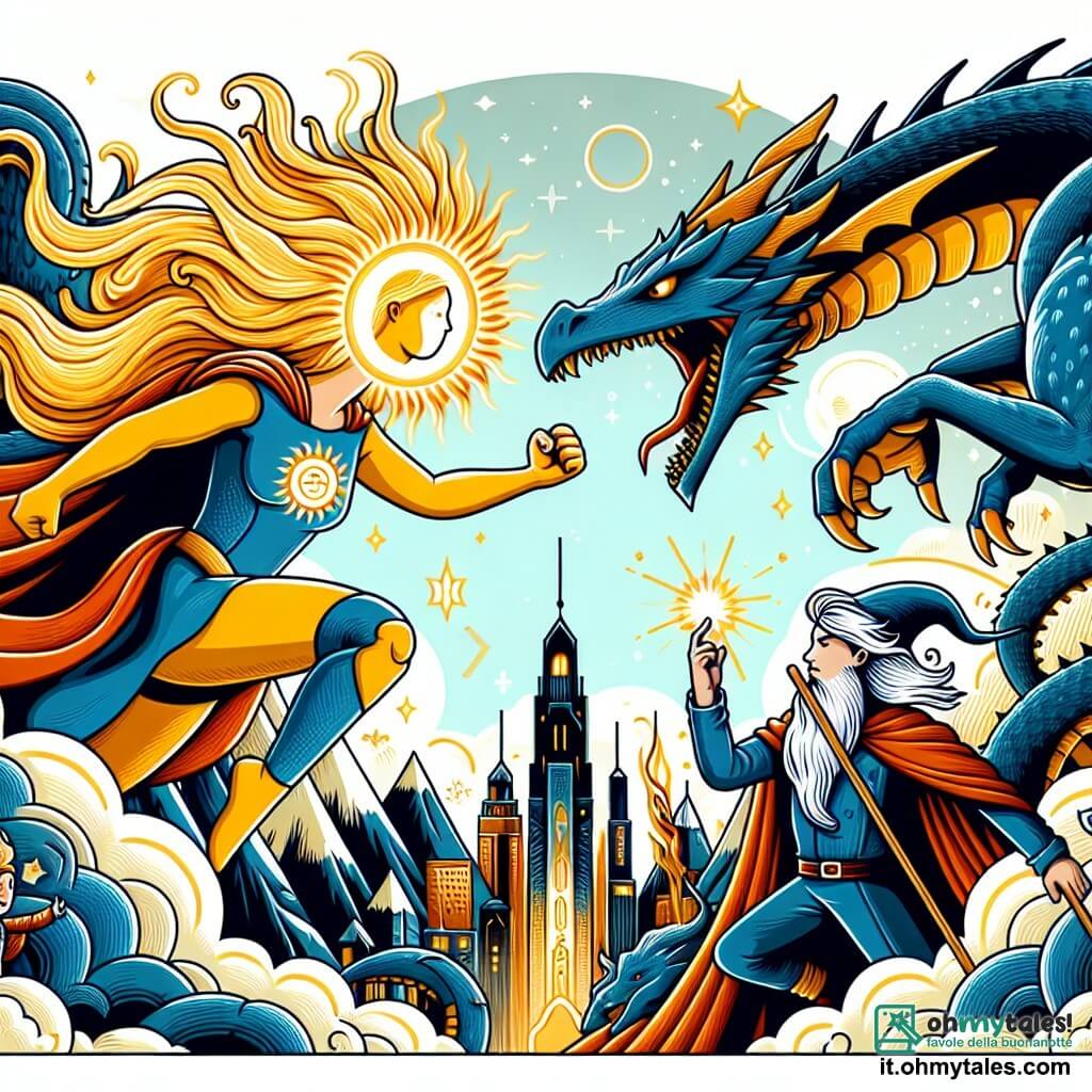 Une illustration destinée aux enfants représentant une super-héroïne aux cheveux dorés brillants comme le soleil, affrontant un dragon maléfique avec l'aide d'un sage magicien, dans une cité céleste entourée de montagnes imposantes et cachée parmi les nuages.