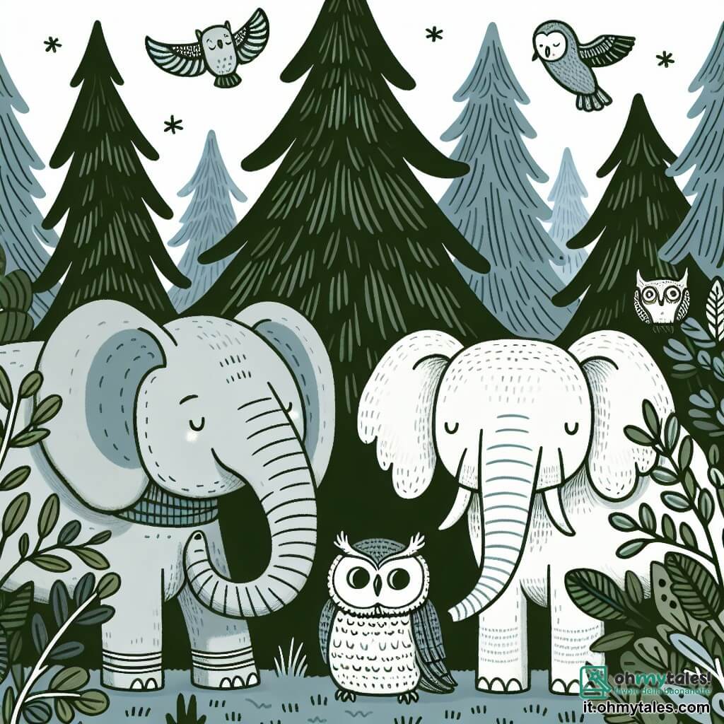Une illustration destinée aux enfants représentant un éléphant curieux, un gufo sage, et des conifères majestueux dans une forêt enchantée.