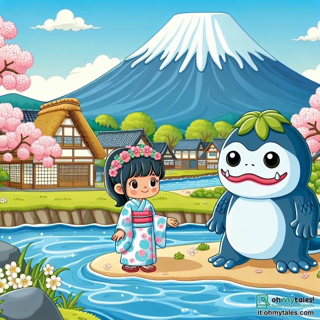 Une illustration destinée aux enfants représentant une femme au cœur généreux, accompagnée d'un kappa mystérieux, se tenant au bord d'un fiume scintillant, avec le Monte Fuji imposant en arrière-plan, dans un petit village japonais aux toits de chaume et aux cerisiers en fleurs.