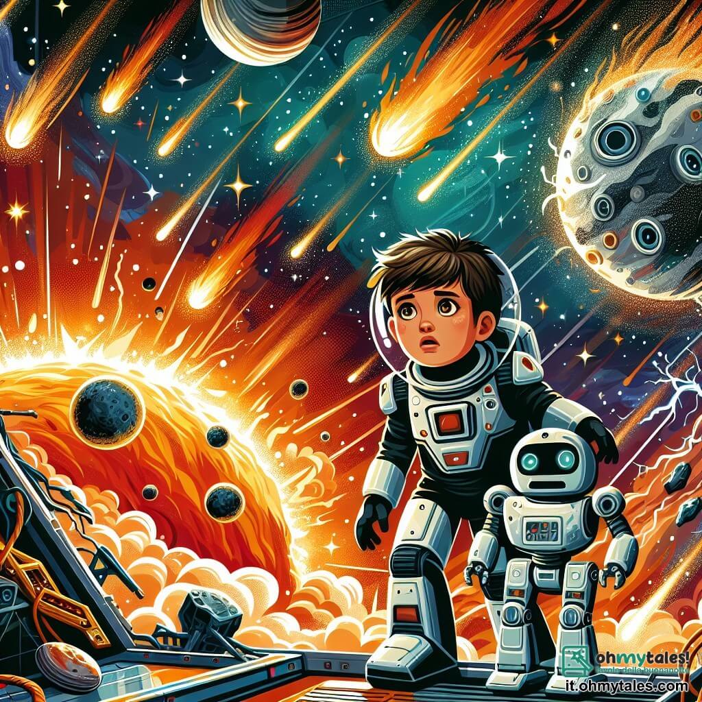 Une illustration destinée aux enfants représentant un jeune astronaute intrépide, face à une tempête solaire dévastatrice, accompagné de son fidèle robot compagnon, sur un vaisseau spatial endommagé, flottant dans un ciel étoilé parsemé de planètes brillantes et d'astéroïdes scintillants.