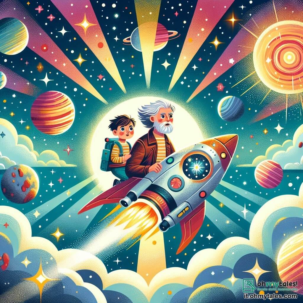 Une illustration destinée aux enfants représentant un homme intrépide, un garçon courageux, naviguant à travers une tempête spatiale à bord de son vaisseau brillant, dans un ciel étoilé parsemé de planètes scintillantes et de nébuleuses colorées.