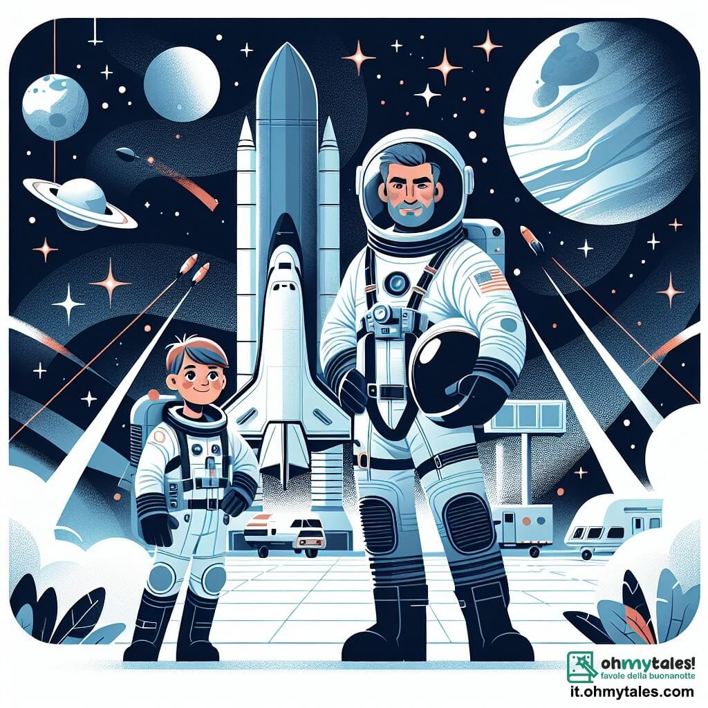 Une illustration destinée aux enfants représentant une jeune astronaute passionnée par les étoiles, accompagnée d'une courageuse astronaute expérimentée, se tenant devant une navicelle spatiale prête à décoller, sur un terrain de lancement futuriste entouré d'étoiles scintillantes et de planètes lointaines.