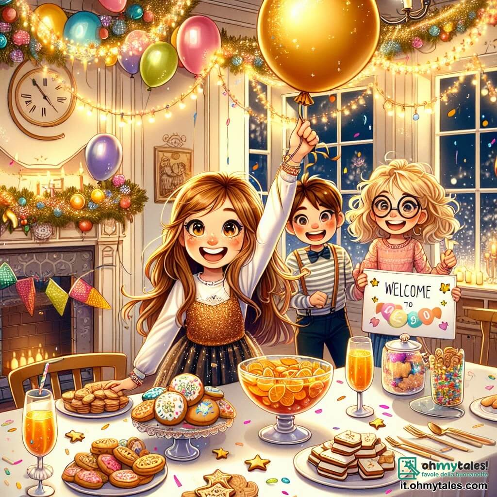 Illustrazione che rappresenta una sala da pranzo calda e festosa, decorata con ghirlande colorate e palloncini scintillanti. La tavola è adornata con piatti appetitosi, con biscotti decorati e un grande boccale di punch alla frutta al centro. In primo piano, una ragazza di 11 anni, con lunghi capelli castani e un sorriso splendente, sta ridendo mentre tiene un grande pallone dorato. Accanto a lei, un'altra ragazza di 11 anni, con capelli ricci biondi e occhiali rotondi, sta preparando un cartello di benvenuto con stelle di carta. Un ragazzo di 12 anni, con capelli castani e uno sguardo birichino, sta ballando gioiosamente, aggiungendo un tocco di energia alla scena. La situazione principale mostra i bambini intenti a preparare una festa di Capodanno, circondati da risate ed eccitazione, pronti ad accogliere i loro amici per festeggiare insieme. I coriandoli volano nell'aria e un orologio sulla parete segna che la serata avanza, aggiungendo un'atmosfera di magia e attesa a questo momento festivo.