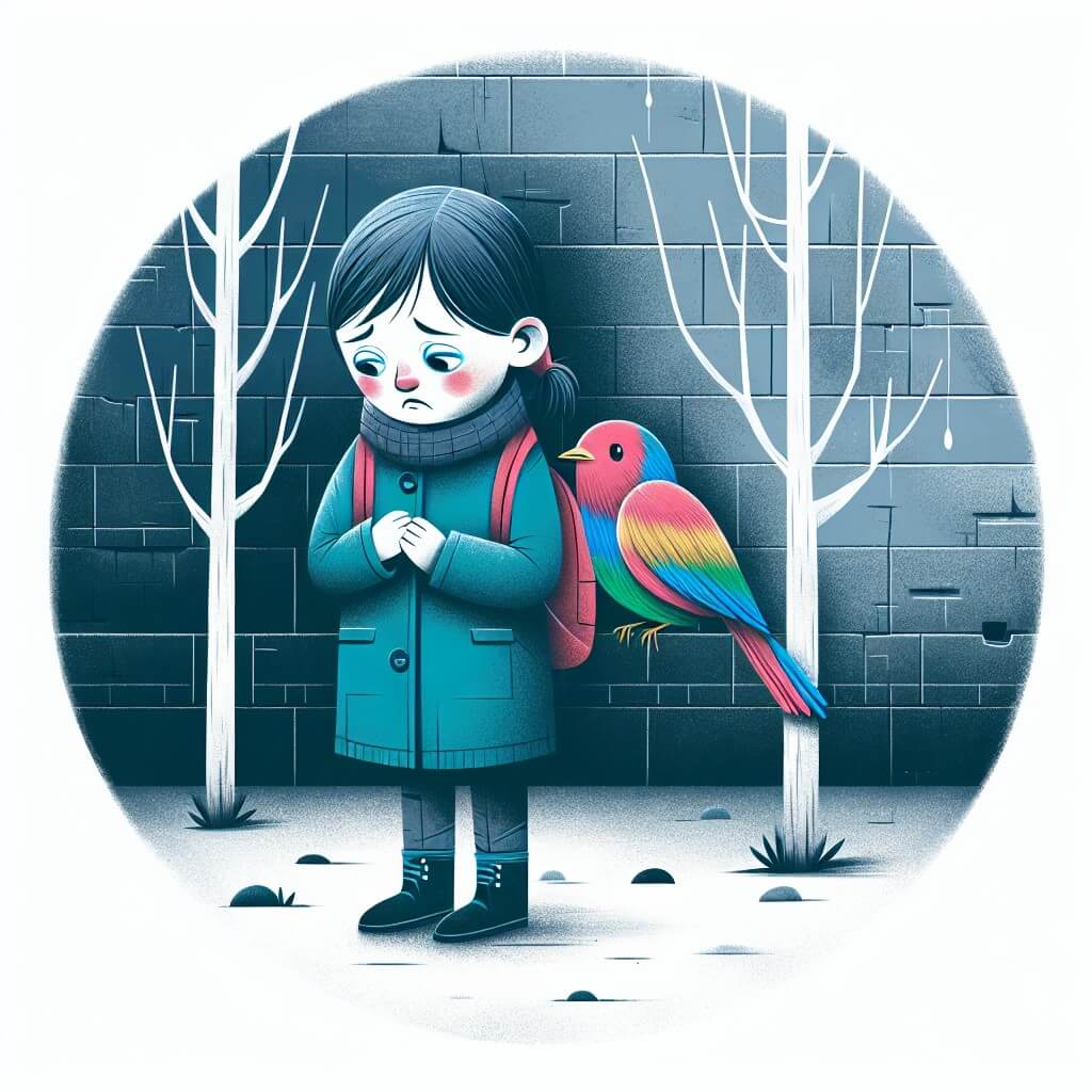 Une illustration destinée aux enfants représentant une jeune fille triste et solitaire, victime de harcèlement à l'école, avec pour seul soutien un oiseau coloré, dans une cour d'école grise et froide avec des murs de béton et des arbres dénudés.
