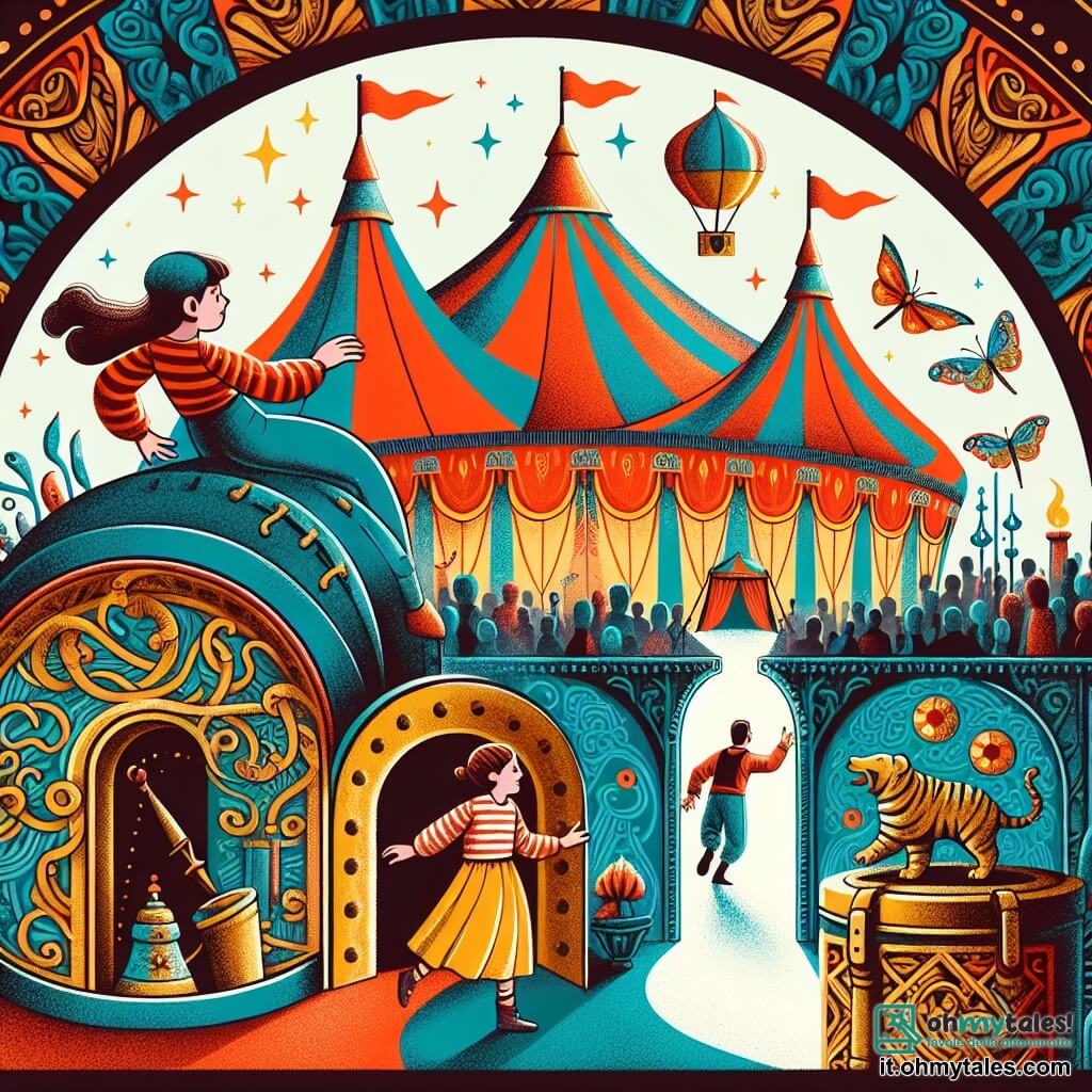Une illustration destinée aux enfants représentant une jeune fille émerveillée par les acrobaties d'un acrobate au Circo Magico, découvrant un passage secret sous le grand chapiteau coloré, accompagnée par un acrobate masculin nommé Luca, dans une salle cachée remplie d'objets magiques et d'anciens instruments circassiens.