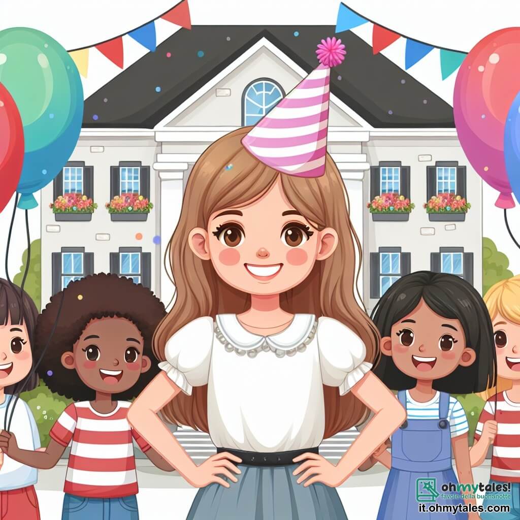 Une illustration destinée aux enfants représentant une petite fille rayonnante, entourée de ses amis et d'une magnifique maison décorée de ballons colorés, pour célébrer son anniversaire.