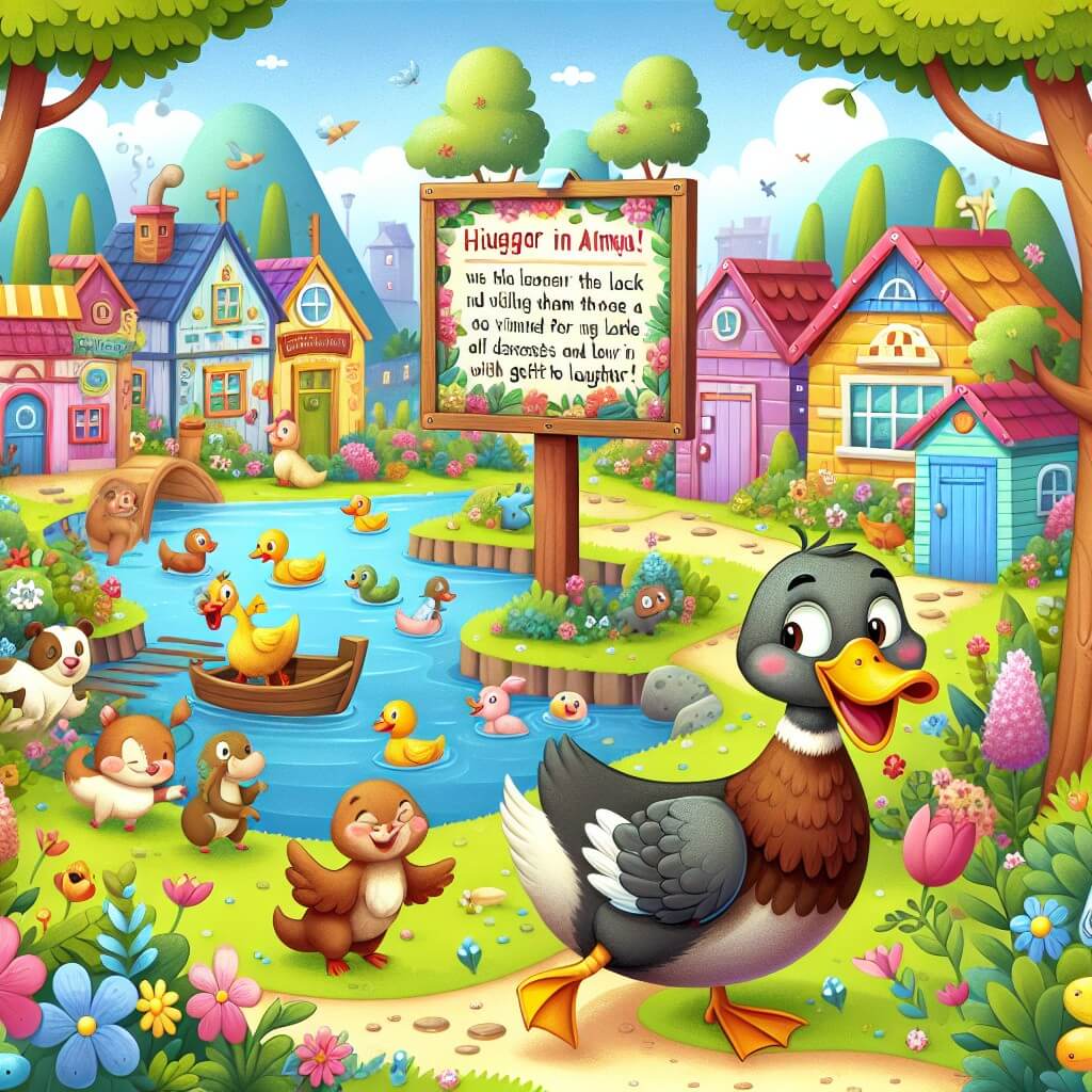 Une illustration destinée aux enfants représentant un canard curieux et enjoué, se retrouvant dans un village animé d'animaux joyeux, entouré de maisons colorées et de jardins fleuris, où il découvre un mystérieux panneau publicitaire invitant à visiter un lac éclatant de rires.
