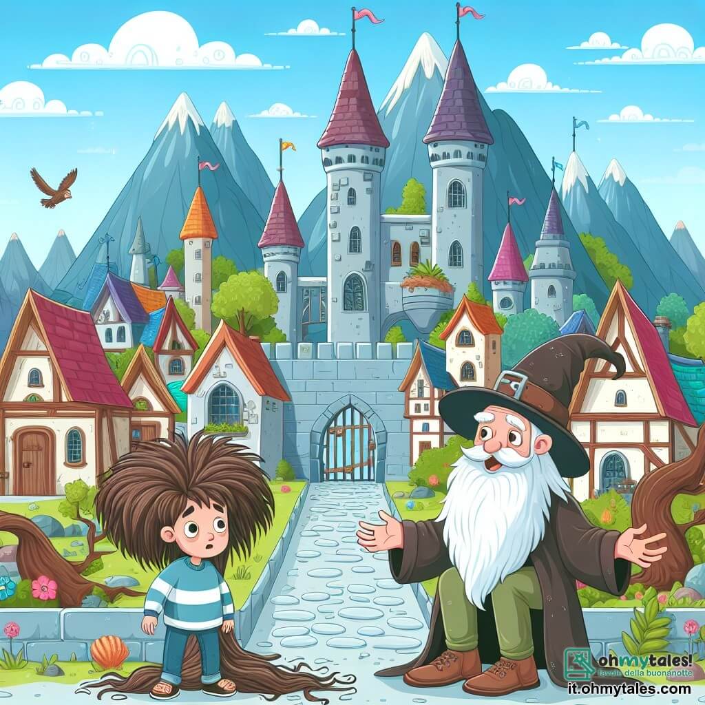 Une illustration destinée aux enfants représentant un apprenti sorcier maladroit qui se retrouve avec des cheveux qui poussent sans fin, accompagné d'un joyeux magicien barbu, dans un village enchanté rempli de maisons colorées et de rues pavées étroites, entouré d'une forêt mystérieuse et de montagnes majestueuses.