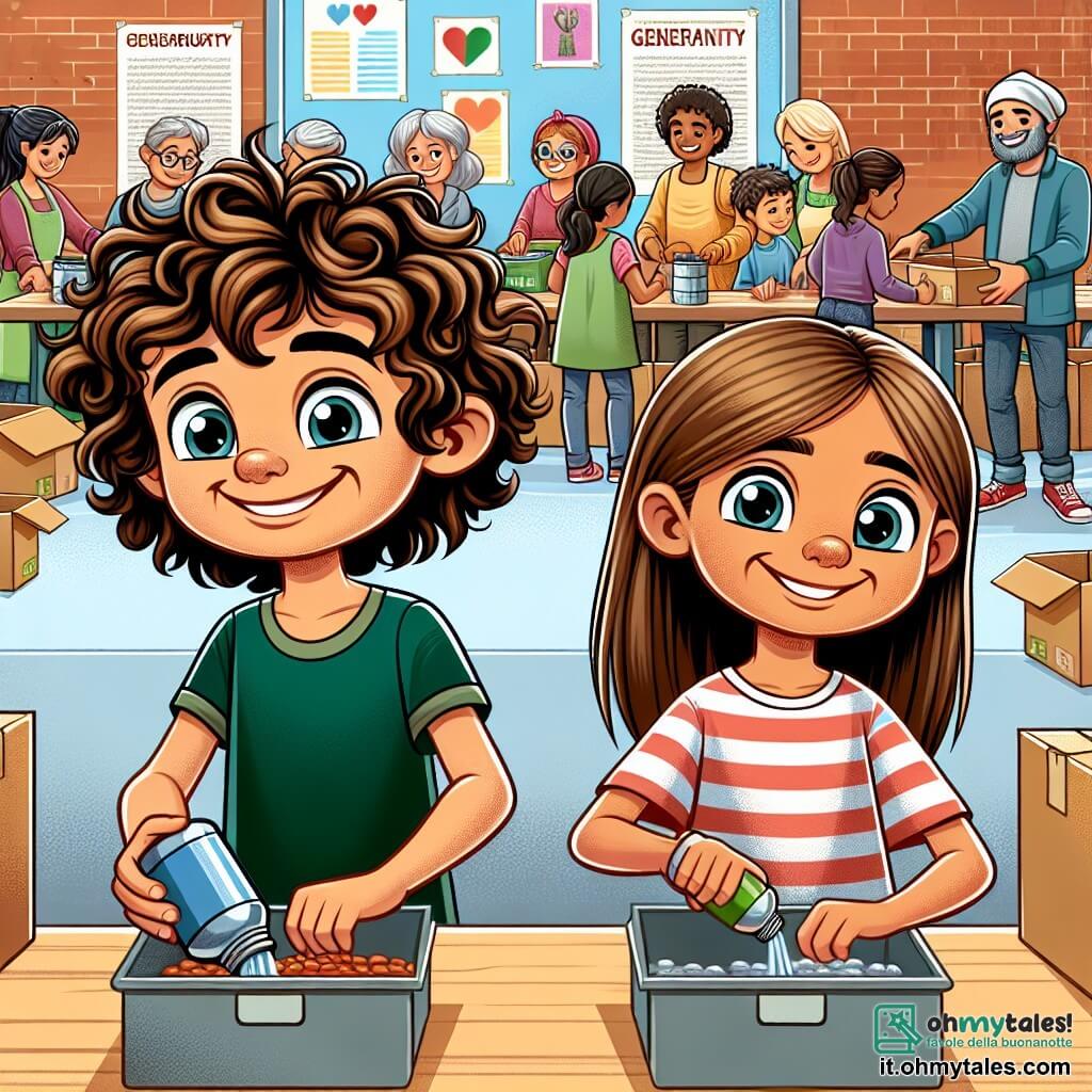 Une illustration sous forme de dessin destinée aux enfants représentant un centre communautaire coloré et animé, où un garçon de 7 ans aux cheveux bouclés et aux yeux pétillants, souriant et déterminé, aide à remplir des boîtes de nourriture avec une petite fille aux cheveux longs et bruns, portant un t-shirt rayé, tandis qu'autour d'eux, des adultes et d'autres enfants s'affairent à préparer des colis alimentaires pour des familles dans le besoin, créant une atmosphère de solidarité et d'entraide, avec des affiches colorées sur les murs encourageant la générosité.
