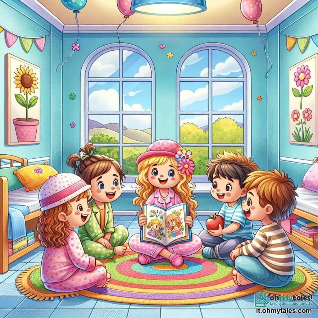 Illustrazione che rappresenta una camera d'ospedale luminosa e accogliente, con pareti dipinte di azzurro chiaro e grandi finestre che lasciano entrare la luce del sole. Al centro, un grande tappeto colorato su cui quattro bambini sono seduti in cerchio, circondati da disegni colorati appesi alle pareti. Una ragazza di 8 anni con capelli lunghi e ricci, in pigiama rosa, sorride felicemente tenendo un libro di favole. Accanto a lei, un'altra ragazza di 8 anni, con capelli biondi e trecce, ride mostrando un disegno di fiori. Una terza ragazza, sempre di 8 anni, con capelli castani e lisci, guarda attentamente il libro, gli occhi brillanti di eccitazione. Infine, un ragazzo di 7 anni, con capelli corti e un cappellino, è seduto a gambe incrociate, tenendo una mela, pronto a condividere una merenda. La scena mostra i bambini che condividono storie e ridono insieme, creando un momento di felicità e amicizia nel mezzo dell'ospedale. Palloncini colorati fluttuano sul soffitto e un piccolo tavolo accanto è pieno di frutta e giochi, aggiungendo un tocco di gioia all'ambiente.