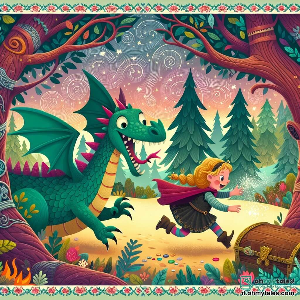 Une illustration destinée aux enfants représentant un dragon espiègle, une petite fille courageuse, une forêt enchantée aux arbres dansant et aux couleurs chatoyantes, et une aventure pour retrouver des trésors volés.