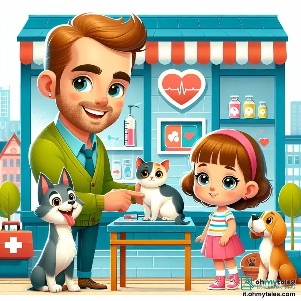 Une illustration destinée aux enfants représentant un homme au sourire lumineux, en train de soigner un petit chat malade, accompagné d'une fillette curieuse aux yeux pétillants et son chien fidèle, dans une petite clinique vétérinaire colorée et chaleureuse, située au cœur d'une ville animée.