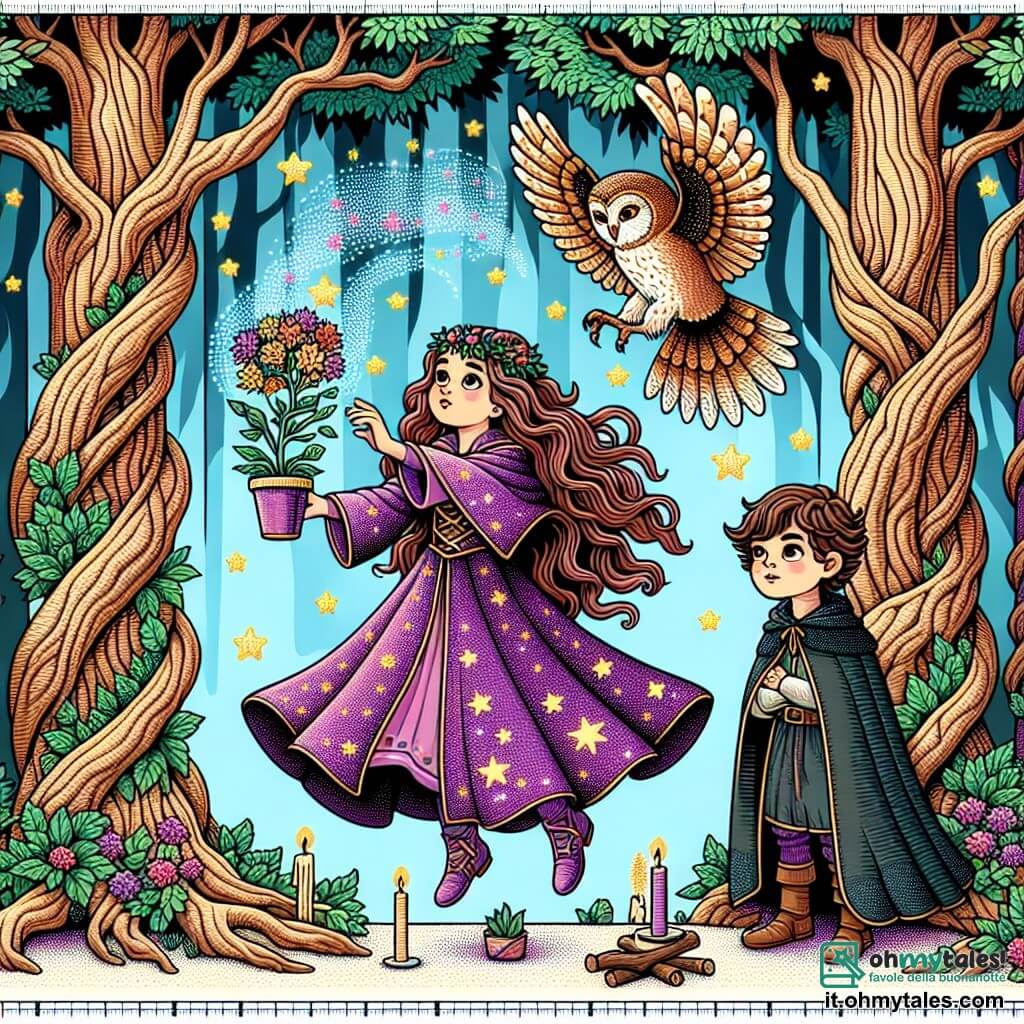 Une illustration sous forme de dessin destinée aux enfants représentant une forêt enchantée, avec de grandi arbres aux troncs noueux et des feuilles scintillantes, où une jeune apprentie sorcière aux cheveux longs et ondulés, vêtue d'une robe violette ornée d'étoiles dorées, s'entraîne à faire léviter une petite plante colorée, tandis qu'un gufo sage aux plumes dorées se perche sur son épaule, observant attentivement, et un jeune garçon aux yeux malicieux, vêtu d'une tunique sombre, les regarde avec un sourire provocateur, prêt à défier la magie bienveillante de la sorcière.
