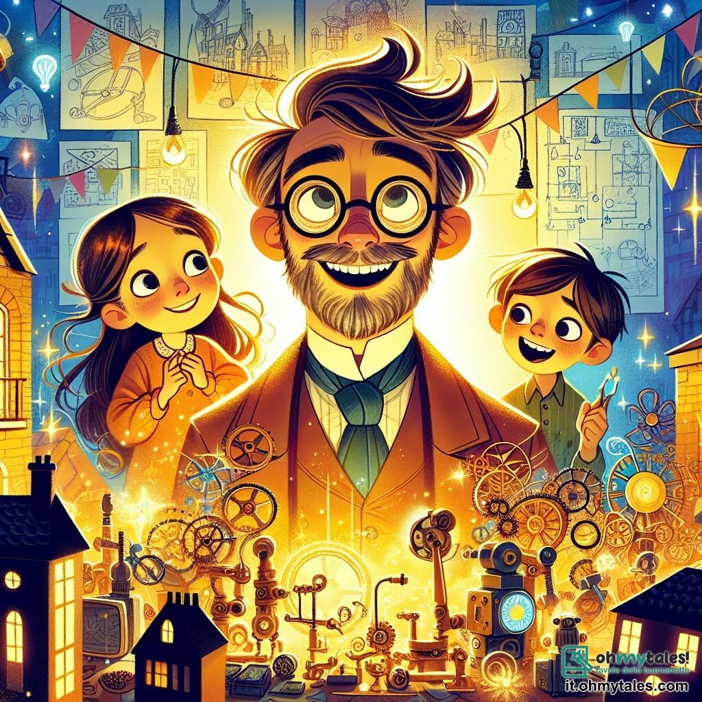 Une illustration destinée aux enfants représentant un homme aux cheveux ébouriffés et aux lunettes rondes, débordant d'idées lumineuses et de créativité, entouré de machines étincelantes et de gadgets farfelus dans son atelier coloré, où les murs sont tapissés de croquis et de plans, tandis que deux enfants, une fille aux yeux pétillants et un garçon au sourire espiègle, s'émerveillent devant une invention magique qui transforme les rêves en réalité, le tout se déroulant dans un petit village enchanteur, baigné par la lumière dorée du soleil couchant, où chaque coin de rue semble murmurer des histoires d'aventures et de découvertes.