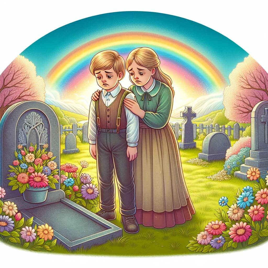 Une illustration destinée aux enfants représentant un jeune garçon au cœur lourd, accompagné d'un voisin bienveillant, se tenant devant une tombe fleurie dans un paisible jardin de pierre, sous un magnifique arc-en-ciel printanier.