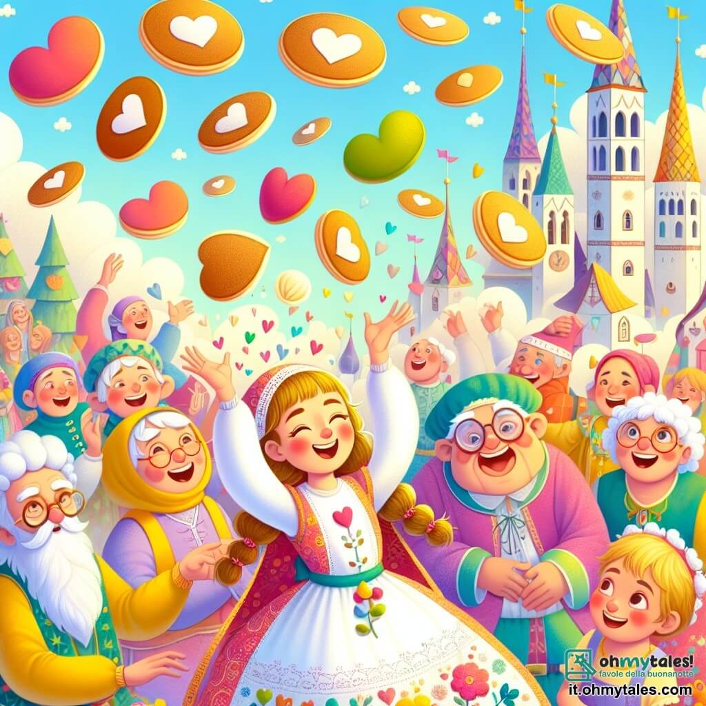 Une illustration sous forme de dessin destinée aux enfants représentant une scène colorée et joyeuse dans le royaume de Dormilandia, avec une fille de 12 ans aux cheveux bouclés et brillants, vêtue d'une tunique faite de cœurs et de cœurs en tissu, lançant des pancakes volants dans les airs, entourée de rires d'habitants de tous âges aux vêtements colorés, dont un vieux sage avec de grandes lunettes et un grand sourire, tandis qu'un groupe d'enfants s'amuse à attraper les pancakes, le tout sous un ciel ensoleillé parsemé de nuages en forme de coussins.