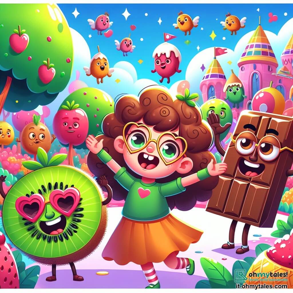 Une illustration sous forme de dessin destinée aux enfants représentant un parc enchanté de Fantasilandia, avec des arbres aux couleurs vives et des fruits volants dans le ciel, où une fille de 11 ans aux cheveux bouclés et portant des lunettes en forme de cœur danse joyeusement avec un kiwi animé, tandis qu'un géant de glace au chocolat, avec des yeux en caramel, applaudit et rit, le tout dans une ambiance ludique et absurde, illustrant le moment où la fille participe à la danse des fruits pour gagner le festival.