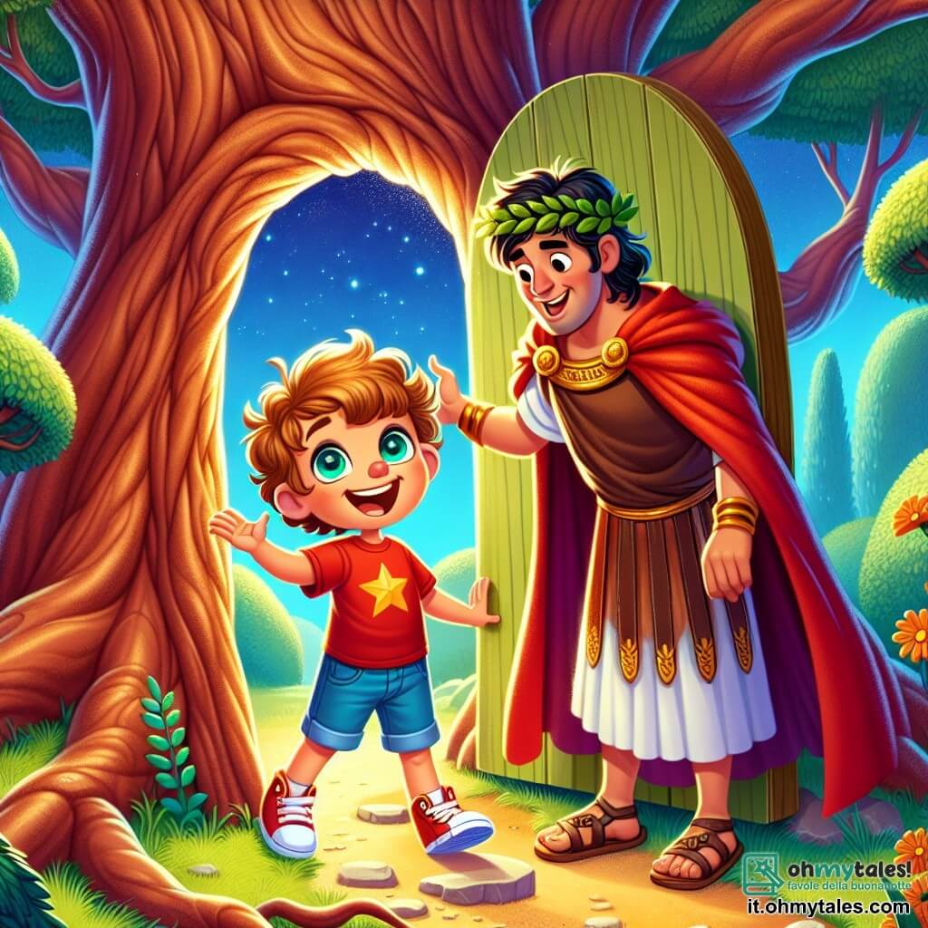 Une illustration sous forme de dessin destinée aux enfants représentant un parc lumineux et coloré avec un grand arbre au centre, où un garçon de 5 ans aux cheveux bouclés et aux yeux pétillants, vêtu d'un t-shirt rouge et d'un short bleu, ouvre une porte mystérieuse dans le tronc de l'arbre, tandis qu'à ses côtés, un personnage secondaire, un homme grand avec une couronne de laurier et une tunique romaine, sourit et lui fait signe de le suivre, illustrant le moment où le jeune garçon s'apprête à embarquer pour un voyage dans le temps vers l'Antiquité.