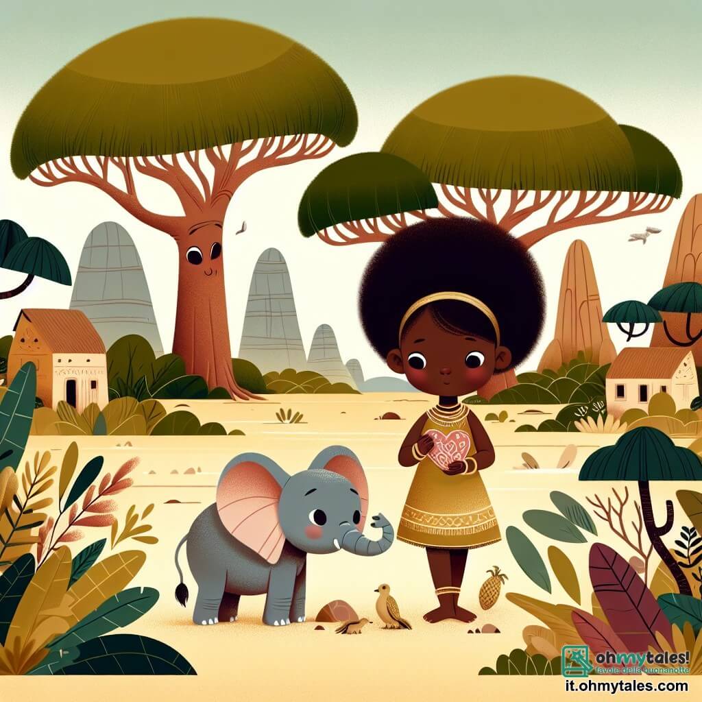 Une illustration destinée aux enfants représentant une jeune femme au cœur d'or, parlant avec les animaux de la savane africaine, accompagnée d'un éléphanton triste et perdu, dans un village entouré de majestueux baobabs et de luxuriante végétation tropicale.