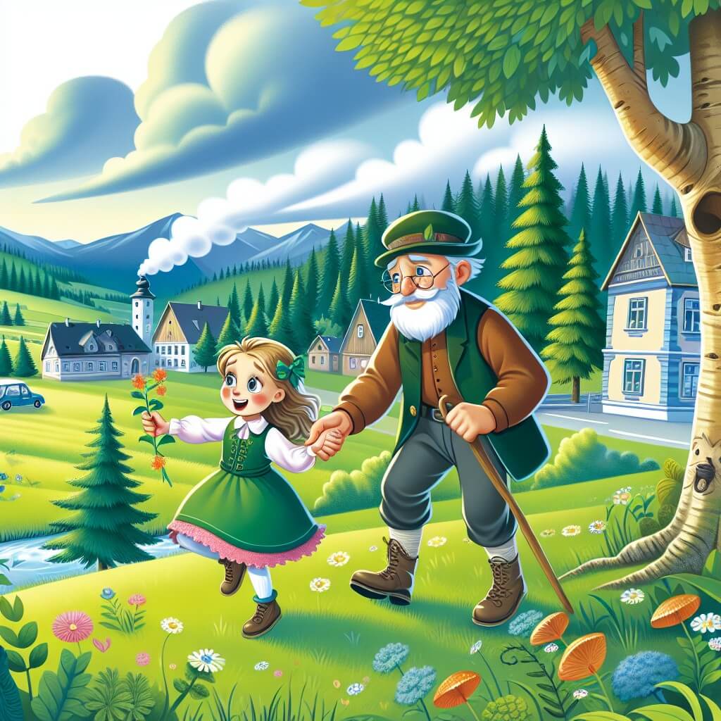 Une illustration destinée aux enfants représentant une jeune fille passionnée par la nature, confrontée aux conséquences du changement climatique, accompagnée d'un sage grand-père, dans une petite ville entourée de prairies verdoyantes et d'arbres majestueux.