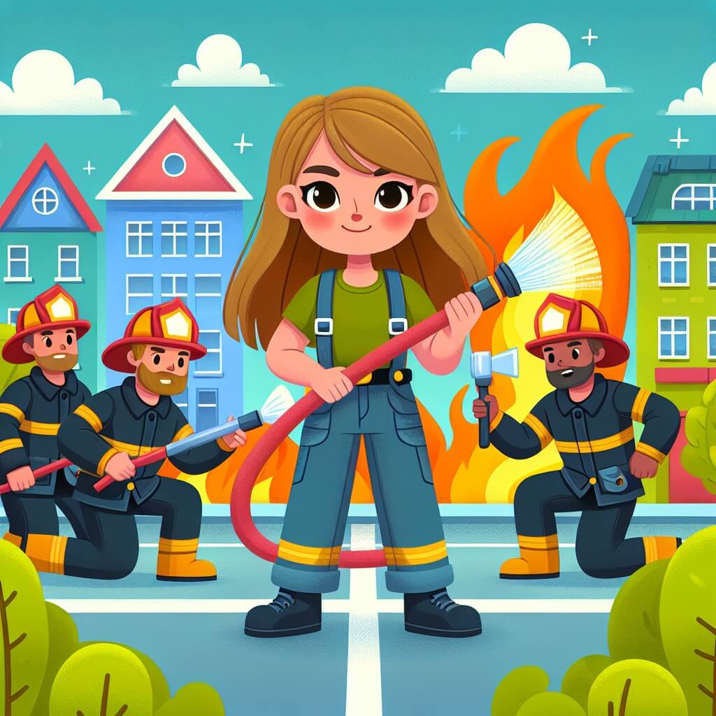 Une illustration destinée aux enfants représentant une jeune femme intrépide, entourée de pompiers courageux, luttant contre un incendie dans une ville ensoleillée, avec des maisons colorées et des arbres verdoyants.