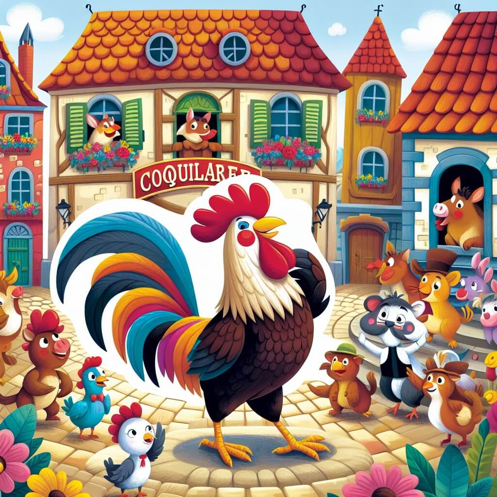 Une illustration destinée aux enfants représentant un coq coloré et fier, se préparant pour son premier spectacle au célèbre théâtre Coqulare, entouré d'animaux curieux et excités, dans un village animé rempli de rues pavées, de maisons aux toits rouges et de fleurs colorées.