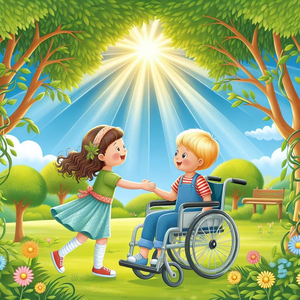 Une illustration destinée aux enfants représentant un jeune garçon plein de vie, en fauteuil roulant, qui fait la rencontre d'un autre enfant au parc, où les arbres verdoyants se balancent doucement sous le soleil éclatant.