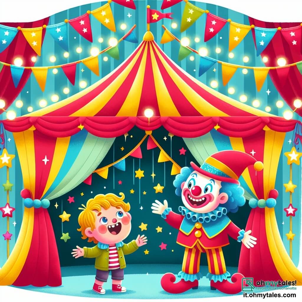 Une illustration destinée aux enfants représentant un petit garçon émerveillé par les spectacles du cirque, accompagné d'un clown joyeux et coloré, dans un chapiteau multicolore orné de fanions et de lumières scintillantes.