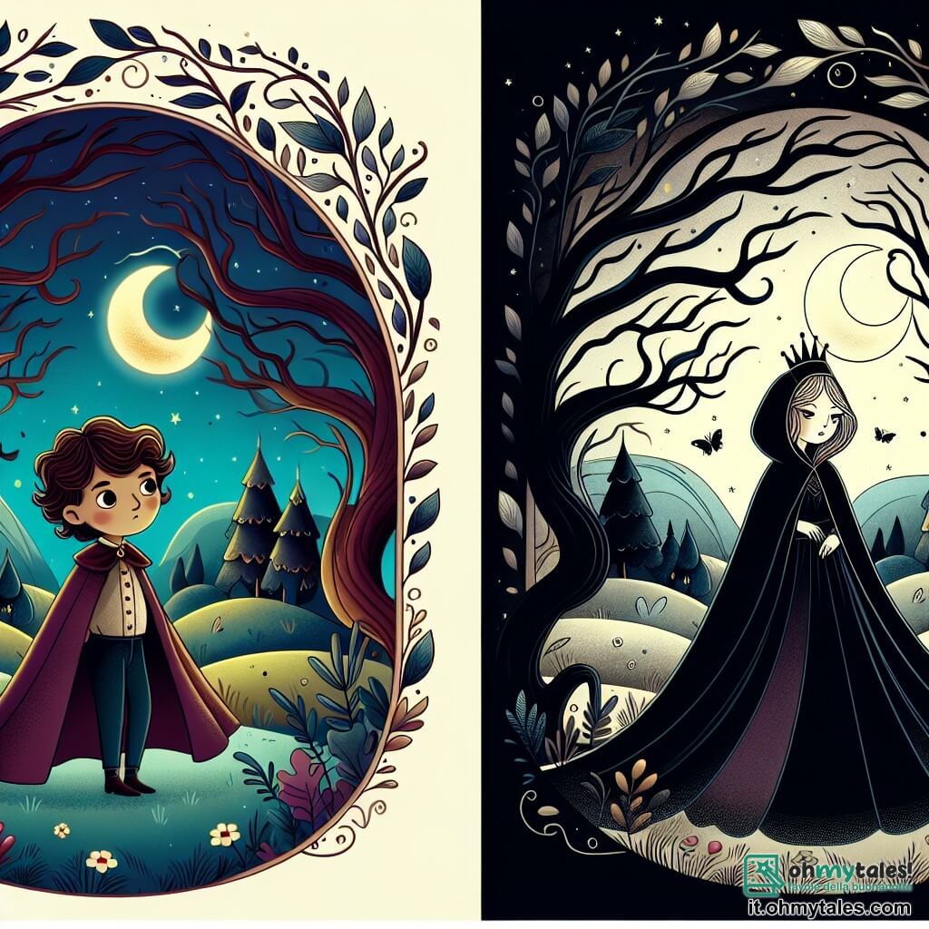 Une illustration destinée aux enfants représentant un garçon curieux et rêveur se trouvant dans un royaume mystérieux où il rencontre la Reine des Ombres, une femme énigmatique enveloppée dans un manteau sombre, entourée d'arbres dansants sous la lueur de la lune, dans un décor de paysage nocturne enchanteur.