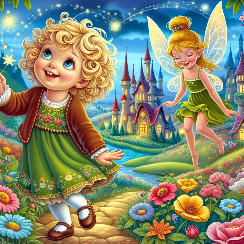 Une illustration destinée aux enfants représentant une petite fille aux boucles dorées, plongée dans une aventure fantastique, accompagnée d'une fée rieuse, dans un royaume enchanté rempli de prairies colorées, de maisons féeriques et de rires éclatants.