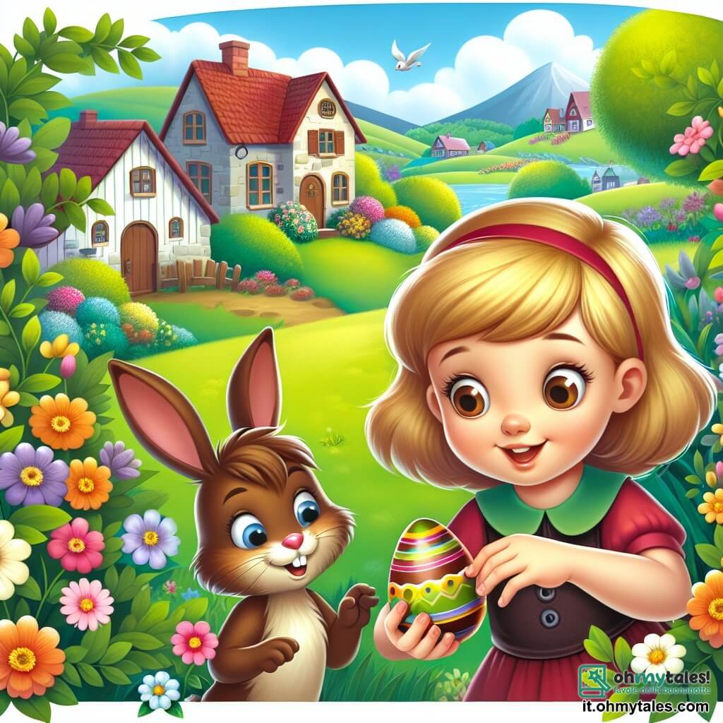 Une illustration destinée aux enfants représentant une fillette curieuse découvrant un œuf de Pâques mystérieux dans un village entouré de champs verdoyants et de fleurs colorées, accompagnée par un coniglietto di cioccolato malizioso perché il personnage secondaire est un garçon.