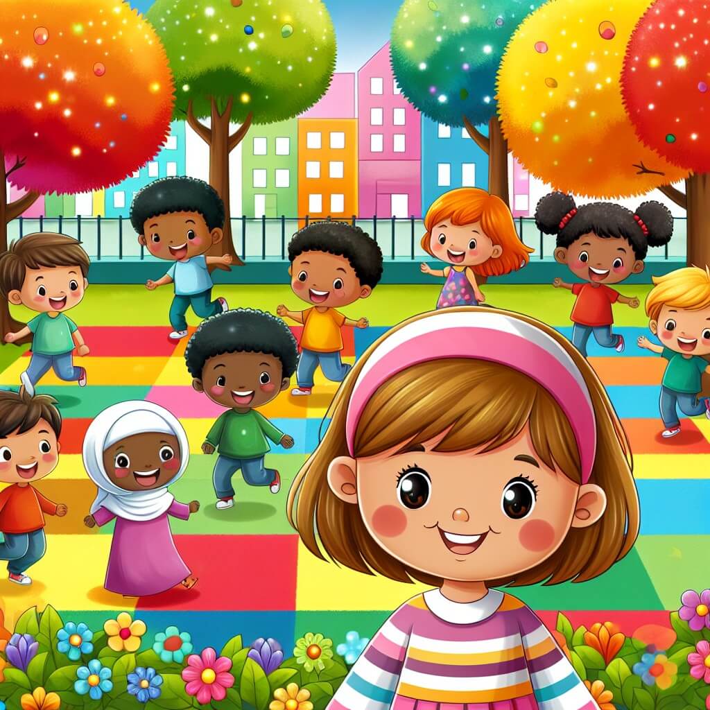 Une illustration destinée aux enfants représentant une petite fille souriante, entourée d'enfants de différentes cultures, jouant joyeusement dans une cour d'école multicolore avec des arbres aux feuilles chatoyantes et des fleurs éclatantes, symbolisant la diversité et l'inclusion.
