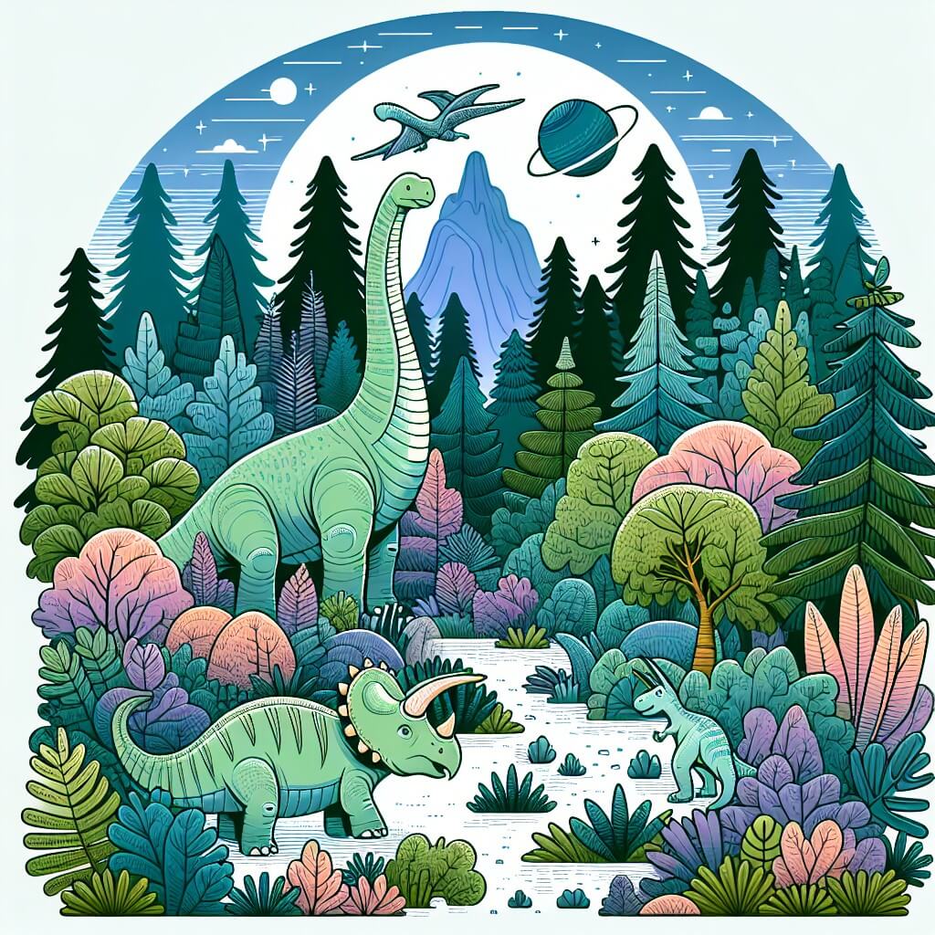 Une illustration destinée aux enfants représentant un majestueux diplodocus, se trouvant dans une dense et luxuriante forêt préhistorique, en compagnie d'un adorable triceratops, à la recherche d'un mystérieux ami disparu.
