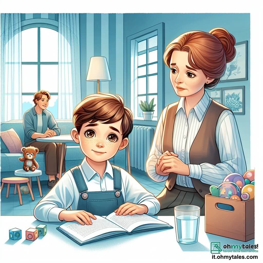 Une illustration sous forme de dessin destinée aux enfants représentant un appartement lumineux avec des murs peints en bleu pâle, où un garçon de 9 ans aux cheveux bruns et aux yeux pétillants, assis à une table, regarde tristement un livre ouvert devant lui, tandis que sa maman, une femme aux cheveux châtains et au visage doux, se tient à côté de lui avec une expression préoccupée, et son papa, un homme aux cheveux courts et à la barbe légère, entre dans la pièce avec un air sérieux, illustrant le moment délicat où la famille discute de leur séparation, entourés de jouets éparpillés et d'une ambiance mélancolique mais pleine d'amour.