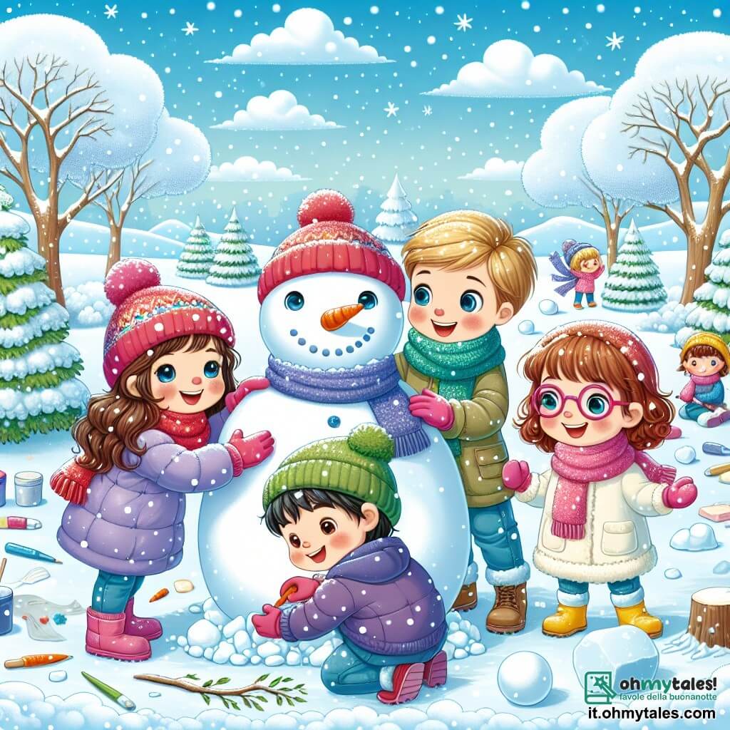 Illustrazione che rappresenta un parco innevato, con alberi coperti di neve scintillante e un cielo azzurro chiaro punteggiato di nuvole bianche e soffici. Al centro, quattro bambini, due ragazze e due ragazzi, stanno costruendo un grande pupazzo di neve. La prima ragazza, con i capelli lunghi e castani, indossa un berretto rosso e un cappotto viola, sorride mentre aggiunge una carota come naso al pupazzo. Il secondo ragazzo, con capelli biondi e corti, è vestito con una sciarpa verde e un cappotto blu, rotola con entusiasmo una grande palla di neve. La terza ragazza, con capelli castani e ricci, indossa guanti rosa e un cappotto giallo, dipinge stelle sulla neve con colori vivaci. Infine, l’ultimo ragazzo, con occhiali e capelli neri, sta raccogliendo rami per fare le braccia del pupazzo. Sullo sfondo, colline innevate e bambini che giocano a palle di neve aggiungono un’atmosfera gioiosa e festosa a questa scena invernale.