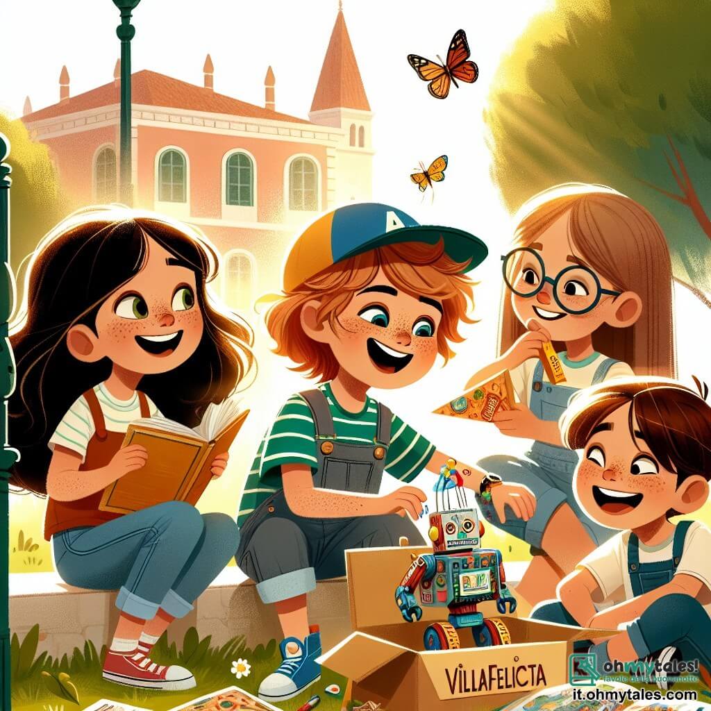 Une illustration sous forme de dessin destinée aux enfants représentant un parc ensoleillé de Villafelicità, avec un garçon de 11 ans aux cheveux bruns et ébouriffés, riant aux éclats tout en essayant de capturer une farfalle colorée, entouré de ses trois amis : une fille aux lunettes et aux cheveux châtains qui construit un robot avec des cartons, un garçon espiègle portant un chapeau à l'envers et tenant une pizza, et une fille douce aux cheveux longs qui lit un livre, tous unis dans une ambiance joyeuse et ludique, illustrant leur aventure comique et amicale.