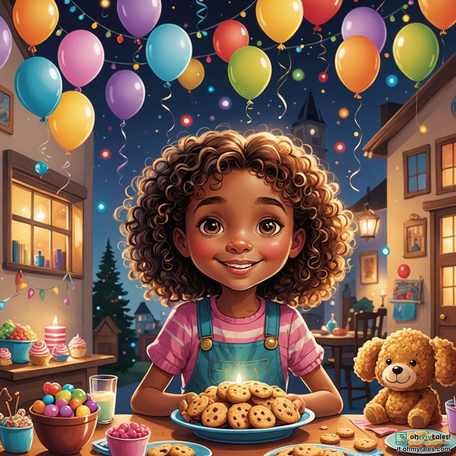 Une illustration destinée aux enfants représentant une petite fille pétillante aux cheveux bouclés, les yeux brillants d'excitation, qui se trouve dans une chaleureuse maison illuminée par des guirlandes scintillantes et remplie de l'odeur de biscuits sucrés, tandis qu'elle organise une chasse au trésor avec ses amis, dont son cousin espiègle, dans une pièce décorée de ballons colorés et d'une grande table chargée de mets délicieux pour célébrer la fête du Nouvel An.