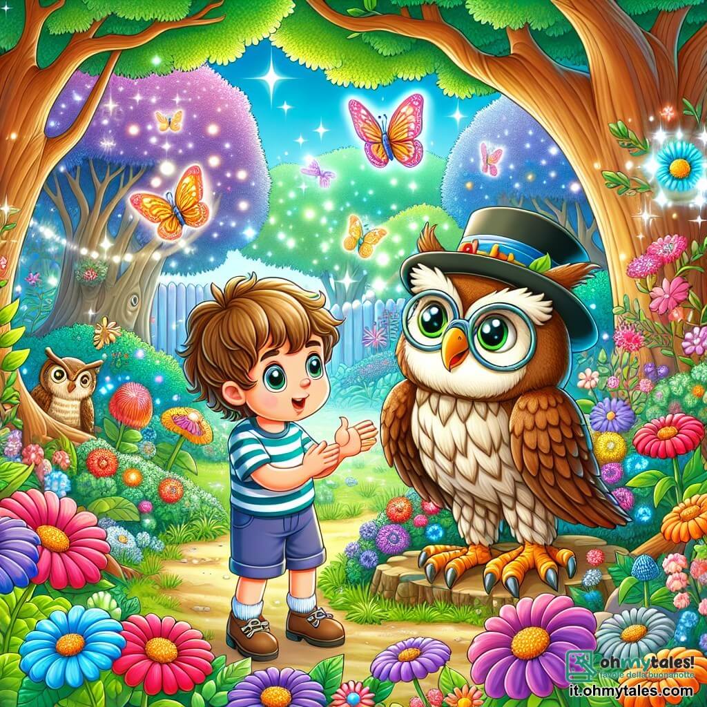 Une illustration sous forme de dessin destinée aux enfants représentant un jardin enchanté, rempli de fleurs colorées et d'arbres majestueux, où un garçon de 7 ans aux yeux pétillants et aux cheveux châtains, vêtu d'un t-shirt rayé et de shorts, observe avec émerveillement un grand hibou sage aux lunettes rondes et au chapeau à cylindres, qui lui explique la signification de la liberté, tandis qu'autour d'eux, des créatures magiques comme des farfallettes scintillantes dansent dans l'air, créant une atmosphère de découverte et d'amitié.