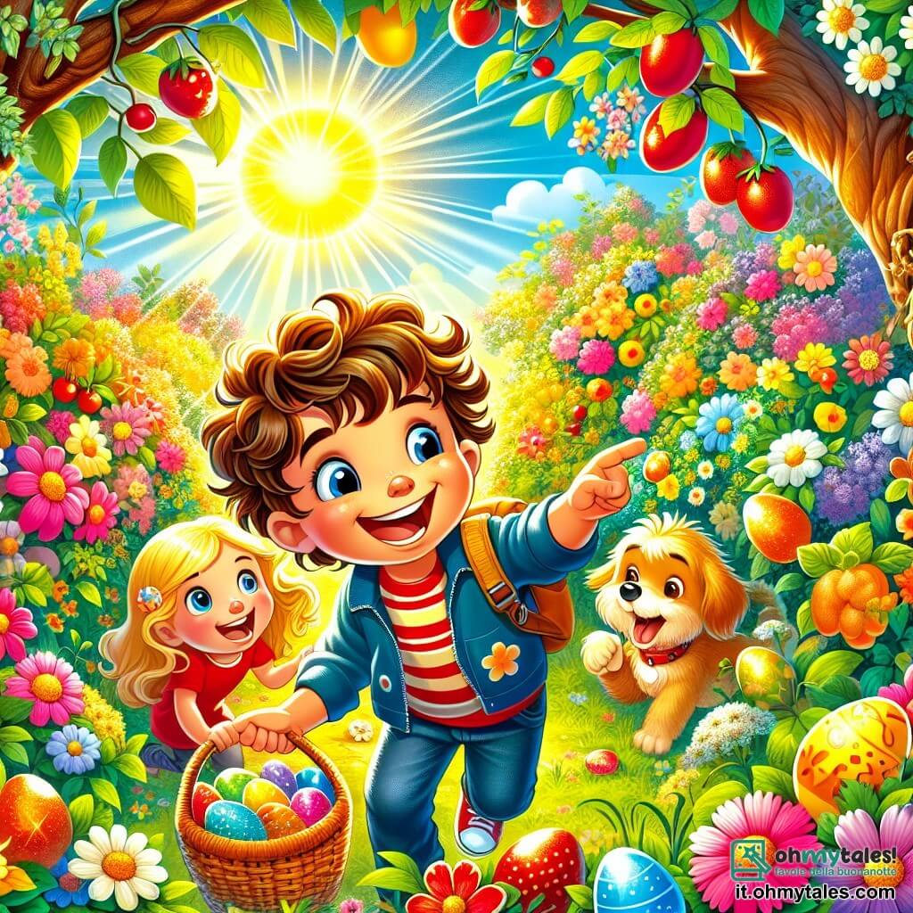 Une illustration sous forme de dessin destinée aux enfants représentant un jardin secret coloré et ensoleillé, rempli de fleurs éclatantes et d'arbres fruitiers, où un garçon de 7 ans aux cheveux bouclés et au sourire radieux cherche avec enthousiasme des œufs de Pâques cachés parmi les buissons, tandis qu'un petit chien au pelage doré le suit joyeusement, et deux de ses amis, une fille aux cheveux longs et bruns qui tient un panier et un garçon aux cheveux courts et blonds qui pointe du doigt un œuf coloré, se joignent à lui dans cette aventure magique de chasse aux œufs de Pâques.
