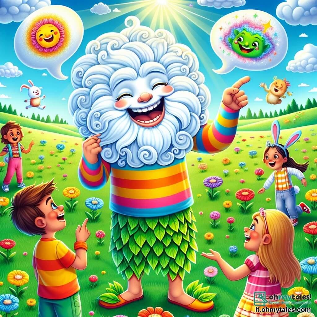 Illustrazione che rappresenta un grande campo verdeggiante, punteggiato di fiori colorati che danzano al vento. Al centro, un gigante sorridente con capelli bianchi e ricci come nuvole, vestito con una camicia a righe vivaci e pantaloni di foglie verdi, sta in piedi, ridendo a crepapelle mentre racconta una barzelletta. Intorno a lui, diversi bambini, tra cui un ragazzo dai capelli castani e una ragazza dai capelli biondi, entrambi di circa 8 anni, ascoltano attentamente, gli occhi brillanti di gioia. Il ragazzo, con un sorriso smagliante, punta il dito verso il gigante, mentre la ragazza, con le mani sui fianchi, scoppia a ridere. Sullo sfondo, creature fantastiche come conigli con cappelli e un drago dalle squame scintillanti aggiungono un tocco magico alla scena. Bolle di dialogo colorate fluttuano intorno, illustrando le barzellette raccontate, mentre il sole splende gioiosamente in un cielo blu punteggiato di nuvole soffici.