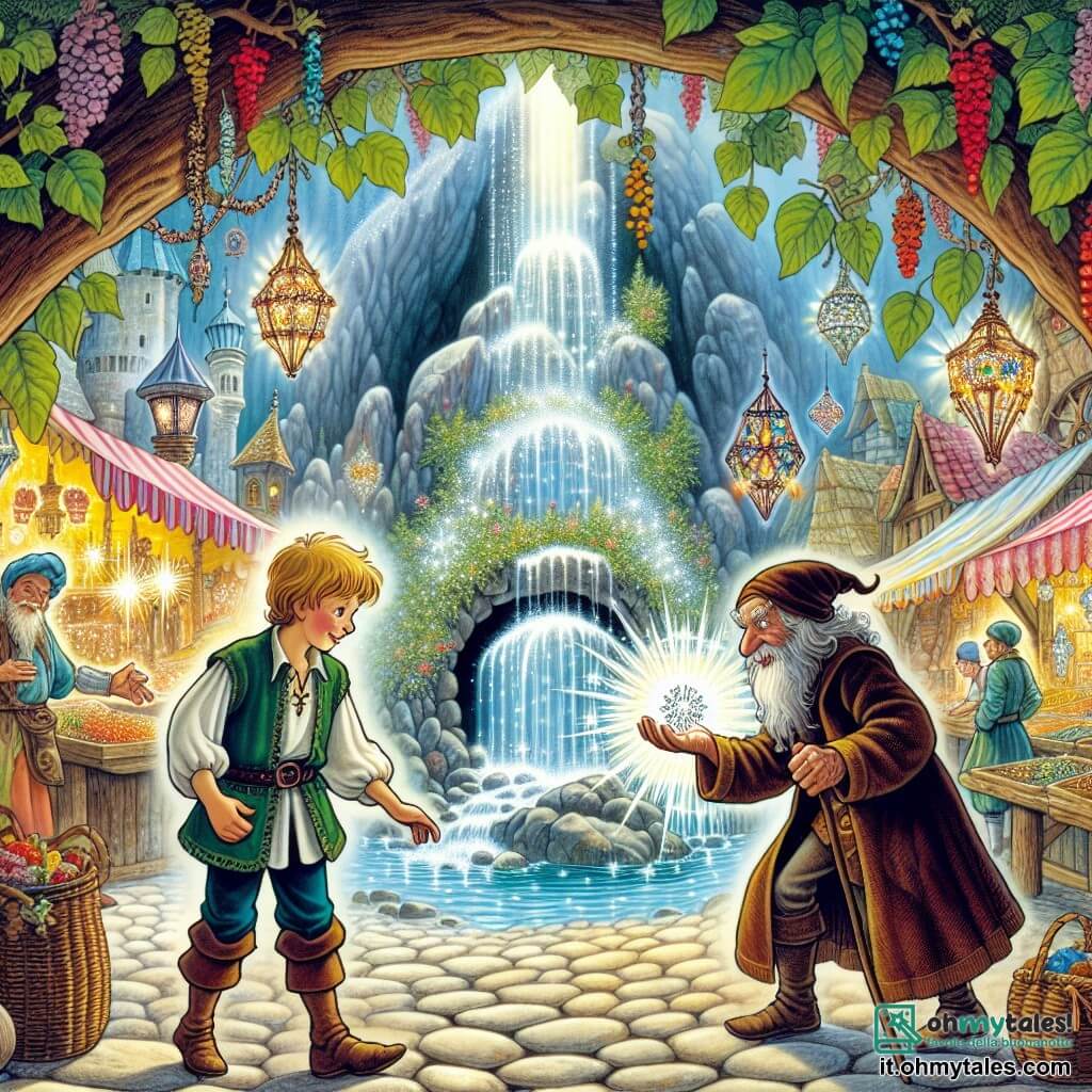 Une illustration destinée aux enfants représentant un jeune garçon intrépide, vivant dans un marché animé aux couleurs vives et aux odeurs envoûtantes, rencontrant un mystérieux vieil homme devant une grotte cachée derrière une cascade scintillante, tous deux évoluant dans un royaume magique et plein d'aventures.