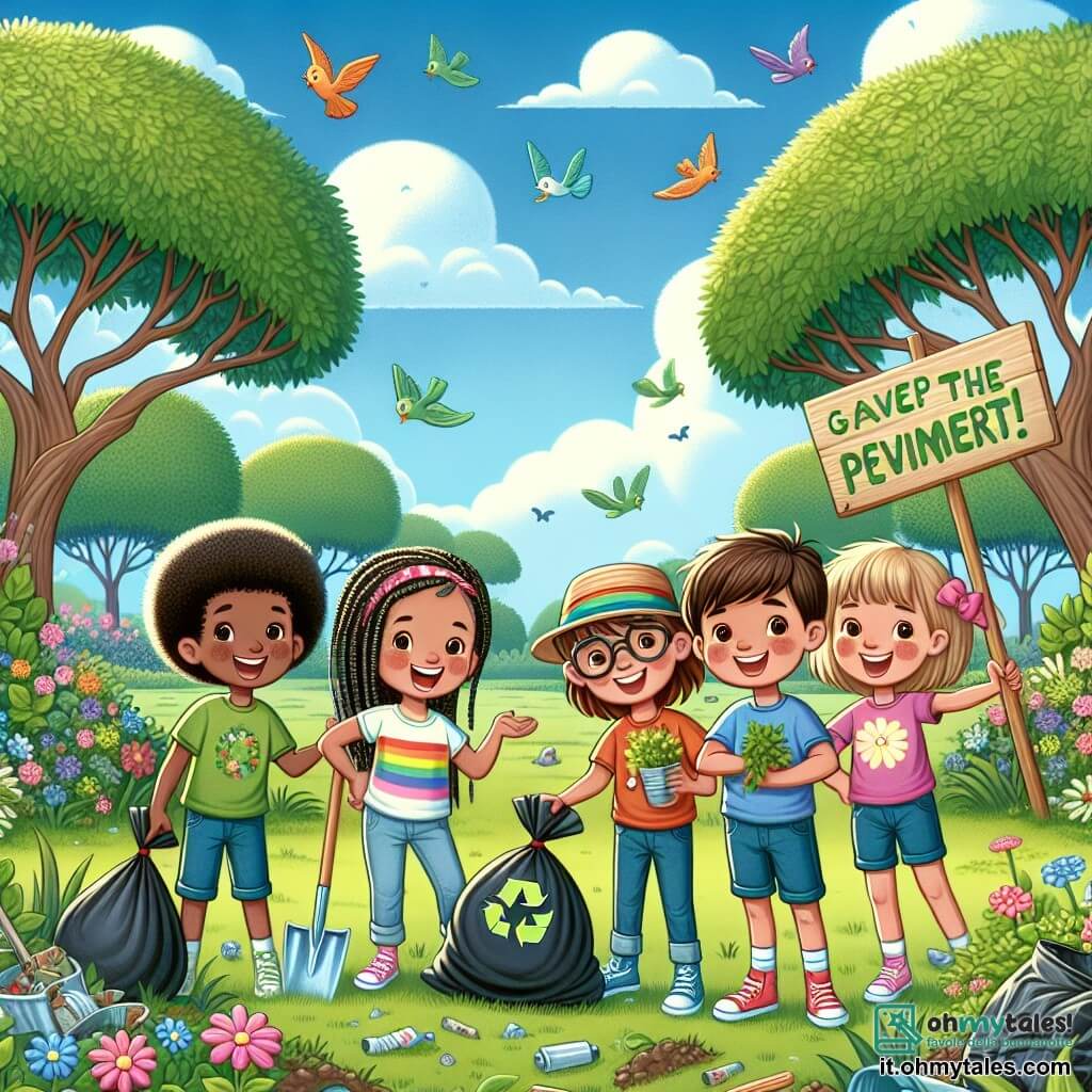 Illustrazione che rappresenta un parco verdeggiante in estate, con alberi maestosi dalle foglie di un verde brillante e fiori colorati che danzano sotto una leggera brezza. In primo piano, un gruppo di quattro bambini è riunito: un ragazzo di nove anni con i capelli ricci e un sorriso radioso, che tiene un sacco di rifiuti, una ragazza di nove anni con trecce e una maglietta colorata, intenta a raccogliere rifiuti, un ragazzo di nove anni con occhiali e pantaloni corti, che mostra un cartello fatto a mano sull'importanza di proteggere l'ambiente, e una ragazza di nove anni con un cappello di paglia, che pianta con entusiasmo un giovane albero. La scena trasmette un'atmosfera di amicizia e impegno, con uccelli che cantano nel cielo blu e farfalle che svolazzano intorno ai bambini. Sacchi di rifiuti pieni e attrezzi da giardinaggio sono sparsi attorno a loro, simboleggiando la loro missione collettiva per salvare il parco e sensibilizzare gli altri alla protezione della natura.