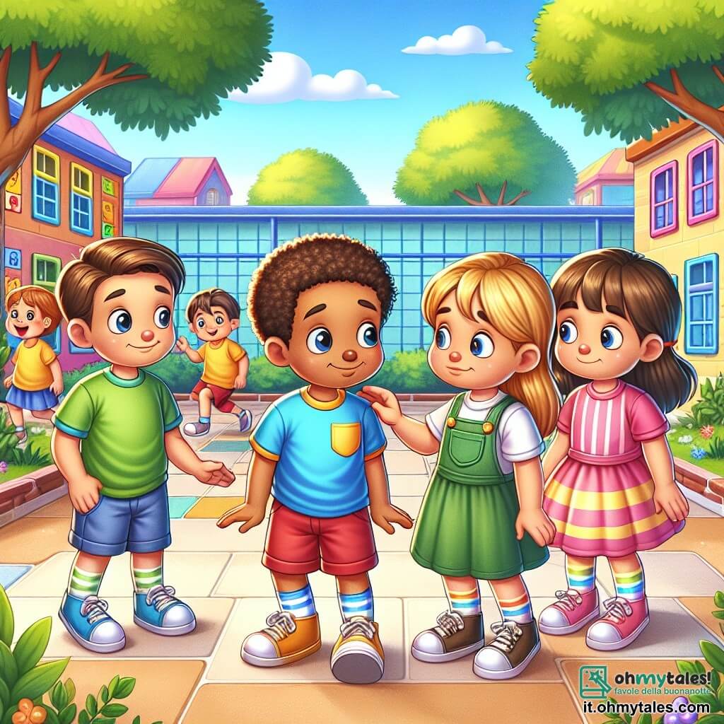 Illustrazione che rappresenta un cortile scolastico colorato e vivace, con muri dipinti con disegni di bambini e alberi verdeggianti. Al centro, un gruppo di quattro bambini è riunito: un ragazzo di sei anni con capelli ricci e un sorriso splendente, indossa una maglietta blu e pantaloni corti rossi, e tende la mano verso un altro ragazzo della stessa età, con capelli castani e lisci, vestito con una maglietta verde e pantaloni beige, che sembra triste e titubante. Accanto a loro, una ragazza di sei anni con capelli lunghi e biondi, indossa un vestito rosa e guarda con empatia, mentre un altro ragazzo, con capelli corti e neri, vestito con una maglietta gialla, è pronto a sostenere il suo amico. La scena mostra il momento in cui il primo ragazzo invita il secondo a giocare con loro, simboleggiando un atto di gentilezza di fronte al bullismo. Sullo sfondo, altri bambini giocano felicemente, creando un'atmosfera di solidarietà e sostegno.